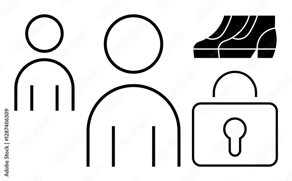 Stylized human figures alongside stair-thumbs up elements and a locked padlock. Ideal for security, privacy, access control, progression, personal growth, data protection, abstract line flat metaphor Stylized human figures alongside stair-thumbs up elements and a locked padlock. Ideal for security, privacy, access control, progression, personal growth, data protection, abstract line flat metaphor