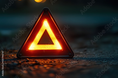 Luminous warning triangle on asphalt road at twilight conveying message of caution and roadside assistance with blurred background and focus on safety
