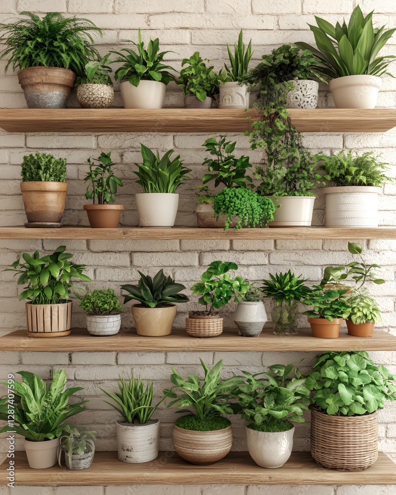 Lush Indoor Garden Display with Various Potted Plants on Rustic Wooden Shelves Against a White Brick Wall Lush Indoor Garden Display with Various Potted Plants on Rustic Wooden Shelves Against a White Brick Wall