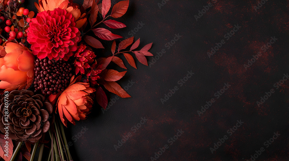 Autumnal floral arrangement on dark background, copy space Autumnal floral arrangement on dark background, copy space