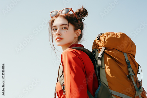 woman hiking with backpack, wearing red top and sunglasses, enjoying outdoors. Her confident expression reflects adventure and exploration