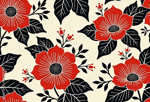 木版画スタイルでクラシックな赤、黒、白のパレットを特徴とする、この印象的な花柄を使用して、日本の新年の精神をプロジェクトに吹き込みましょう。

