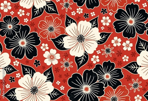 新年のテーマで、赤、黒、白の見事な組み合わせを紹介する、このエレガントな日本風の花柄で、生地や紙を飾りましょう。

