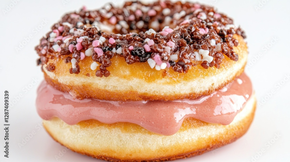 Delicious double donut with cream filling and sprinkles Delicious double donut with cream filling and sprinkles