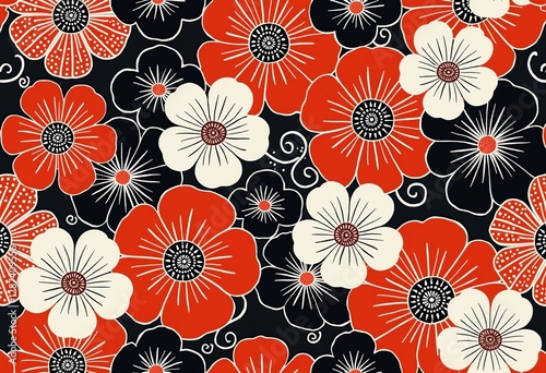 お祝いの装飾や生地のプリントに最適な、伝統的な日本の優雅さを体現する鮮やかな赤、黒、白の花柄で新年を祝いましょう。

