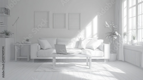 An all white living room showcases modern minimalist design