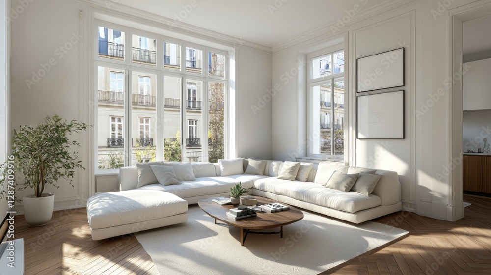 Fototapeta premium Bright living room with white couch and large windows