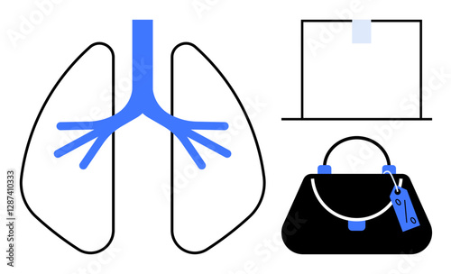 Medical lungs diagram, suitcase with handle, and handbag with tag. Ideal for healthcare, travel safety, medical tourism, respiratory health, packing essentials, education minimalistic abstract line