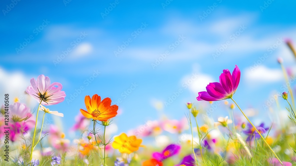 Colorful wildflowers blooming under a bright blue sky. Colorful wildflowers blooming under a bright blue sky.