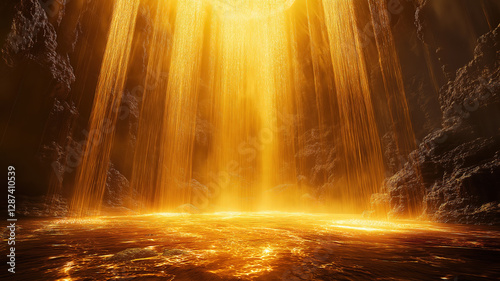 A radiant golden light fountain rising in arcs creating a surreal and elegant spectacle