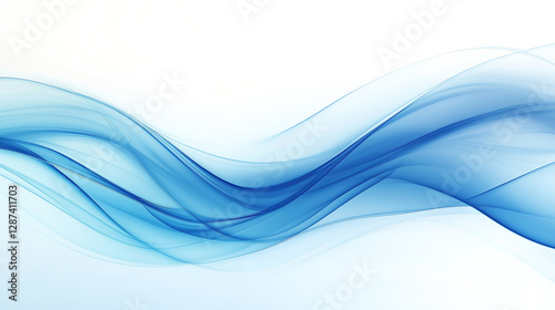 Flowing blue smoke wave pattern over a white background with clear space for text