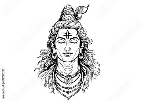 "Black and white illustration of Lord Shiva in deep meditation, adorned with sacred jewelry and flowing hair."