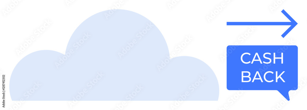 Blue cloud, right-facing arrow, and speech bubble with CASH BACK text. Ideal for financial savings, incentives, cloud services, online shopping rewards, digital marketing, e-commerce consumer Blue cloud, right-facing arrow, and speech bubble with CASH BACK text. Ideal for financial savings, incentives, cloud services, online shopping rewards, digital marketing, e-commerce consumer