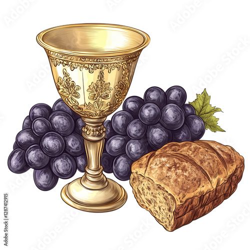 A stylized vector illustration of a sacred communion chalice with rich gold detailing, a bunch of deep purple grapes, and a rustic loaf of bread, transparent background, PNG