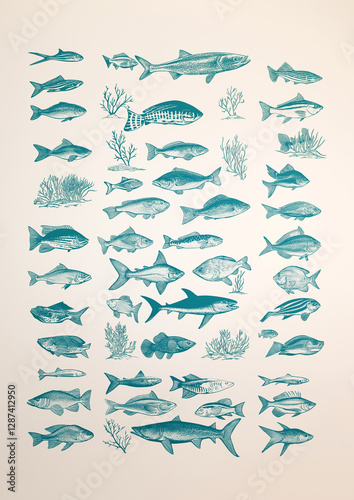 a print of various fish swimming in the ocean