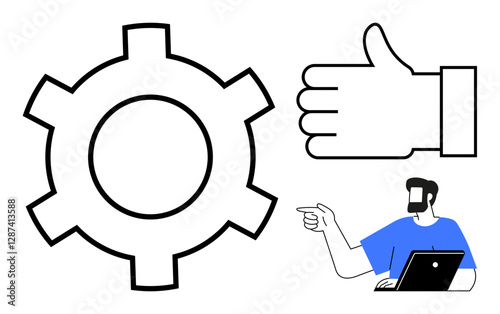 Man pointing while working on a laptop, large gear, thumbs up. Ideal for themes thumbs up productivity, teamwork, approval, efficiency, motivation collaboration and business processes. Minimalist