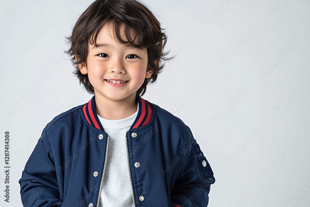 Smiling young boy wearing a blue jacket looking at camera Smiling young boy wearing a blue jacket looking at camera