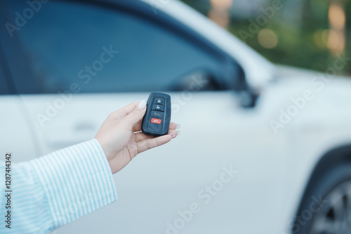 Hand holding car remote control, smart key to lock or unlock doors of white car. Safety, travel and transportation concept
