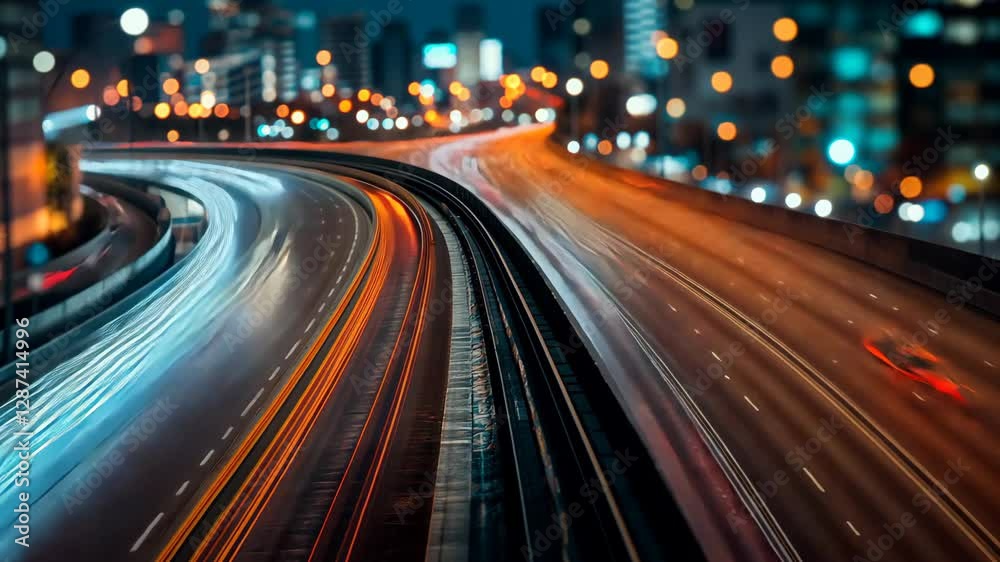 City highway illuminated by night lights with moving vehicles creating light trails in urban landscape City highway illuminated by night lights with moving vehicles creating light trails in urban landscape