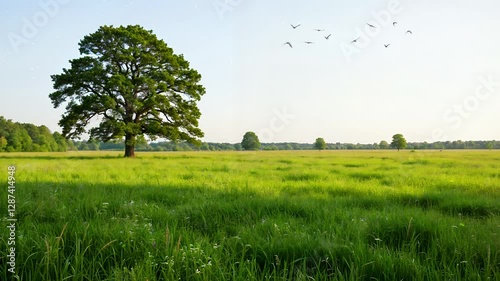 Grassland scenery, butterflies fluttering around big trees, birds flying in the sky. Seamless loop, background video.
