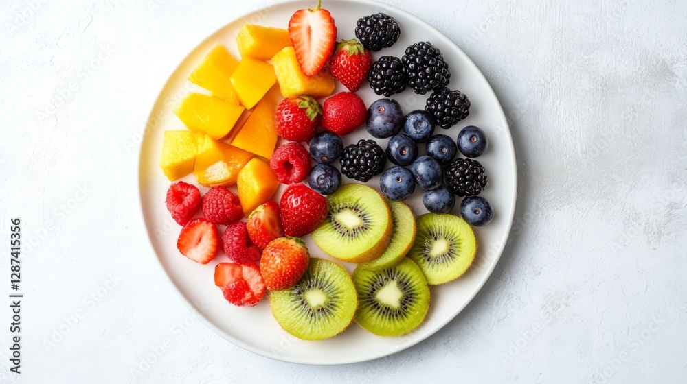 On a white plate, a variety of fresh fruits and berries are carefully arranged, and the overall picture is full of vitality and vitality, conveying a healthy and delicious atmosphere. On a white plate, a variety of fresh fruits and berries are carefully arranged, and the overall picture is full of vitality and vitality, conveying a healthy and delicious atmosphere.