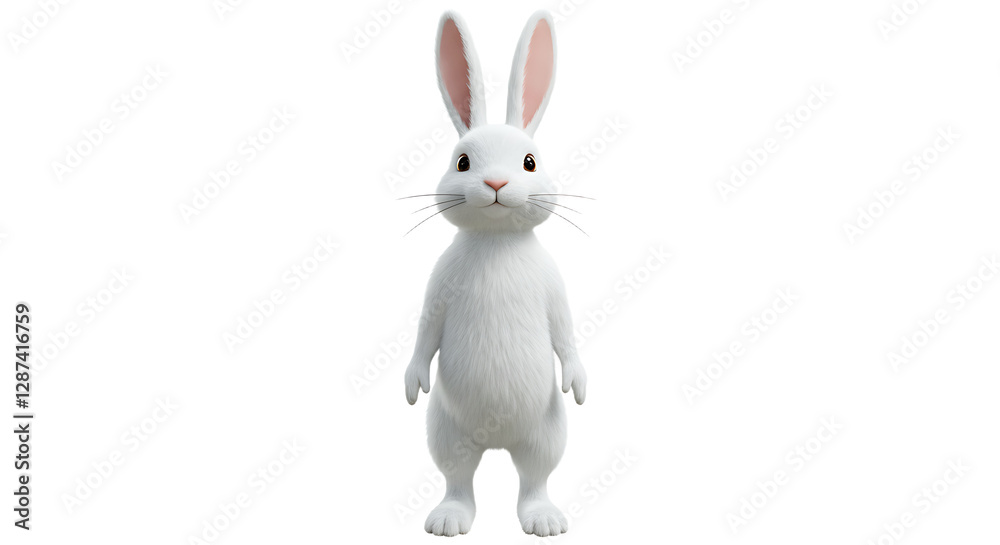 Fototapeta premium Standing White Rabbit Animal with Pink Ears on White Background