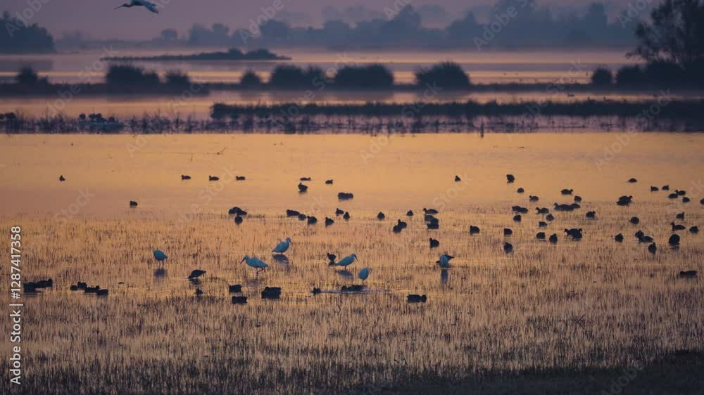 Water birds in lake during sunset, static view Water birds in lake during sunset, static view