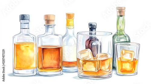 Various bottles of liquor with glasses and ice, white isolate background.