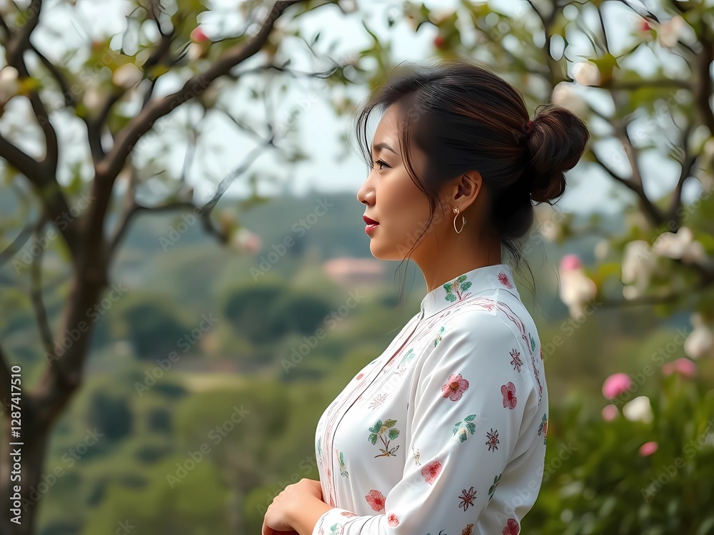 Young woman in a Japanese garden, looking at the horizon, feeling of tranquility and contact with nature. Generated with A.I. generative. Young woman in a Japanese garden, looking at the horizon, feeling of tranquility and contact with nature. Generated with A.I. generative.