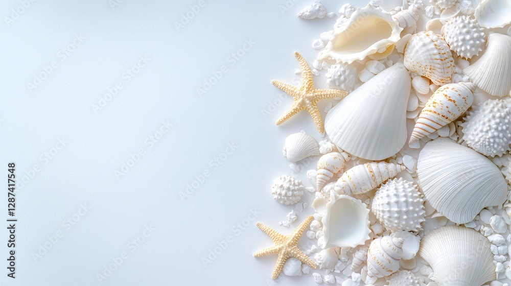 Seashells and starfish on white background; summer vacation concept (1) Seashells and starfish on white background; summer vacation concept (1)