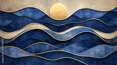 Painting of ocean waves with sun setting in the background creating a serene landscape