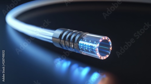 High-speed optical fiber cable with glowing blue light streaks showcasing futuristic data transmission and high-tech internet connectivity in a dark digital background