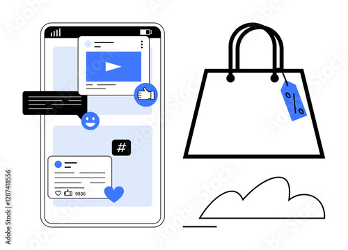 Smartphone with social media notifications, thumbs ups, comments, and metadata tags beside a shopping bag with a tag. Ideal for e-commerce, social media marketing, online shopping, digital
