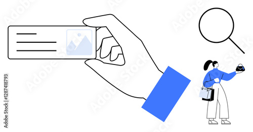 Hand holding a product card, image and text details magnified by magnifying glass, woman examining product. Ideal for e-commerce, product review, online shopping, consumer behavior, research