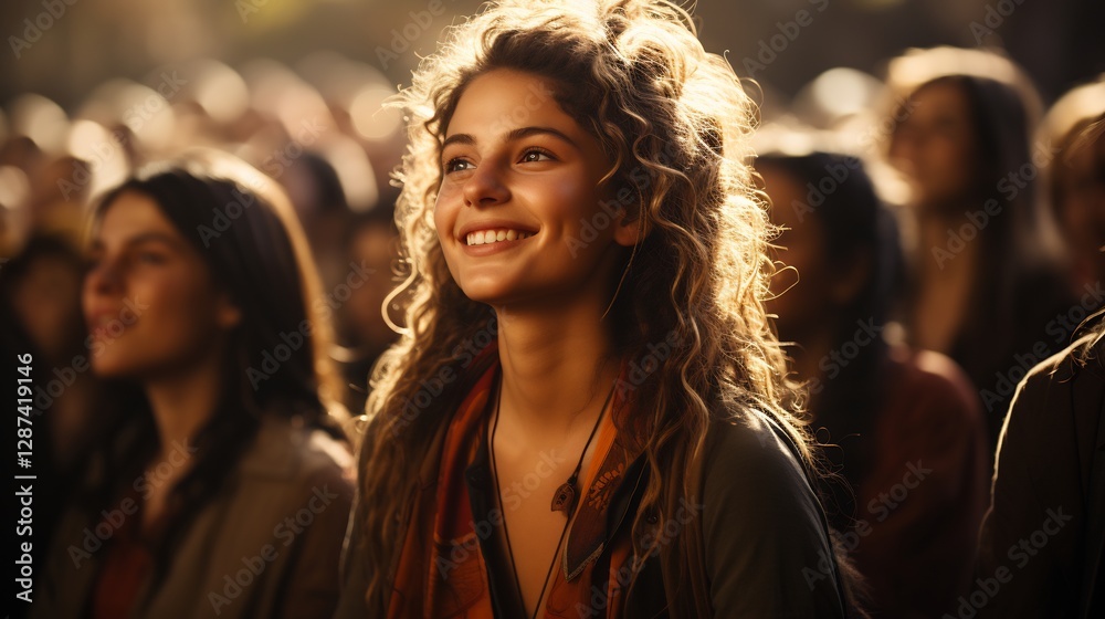 Smiling Woman with Curly Hair Looking Up in Crowd bathed in Golden Light