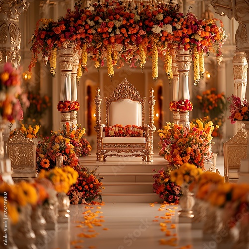 An opulent wedding ceremony decor featuring an elegant Indian-style throne, surrounded by vibrant flowers and intricate decorations, set in the grand hall, photo