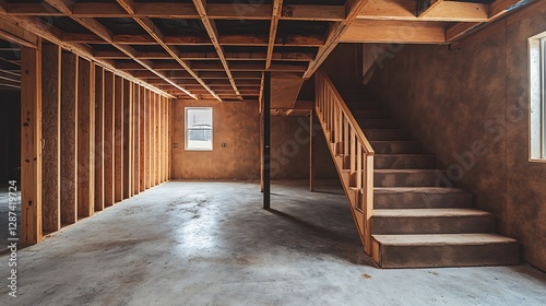 An unfinished basement with wooden beams and a staircase, 