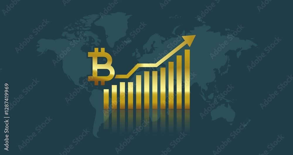 Gold Bitcoin crypto currency on background of chart diagram on a world map blue background
