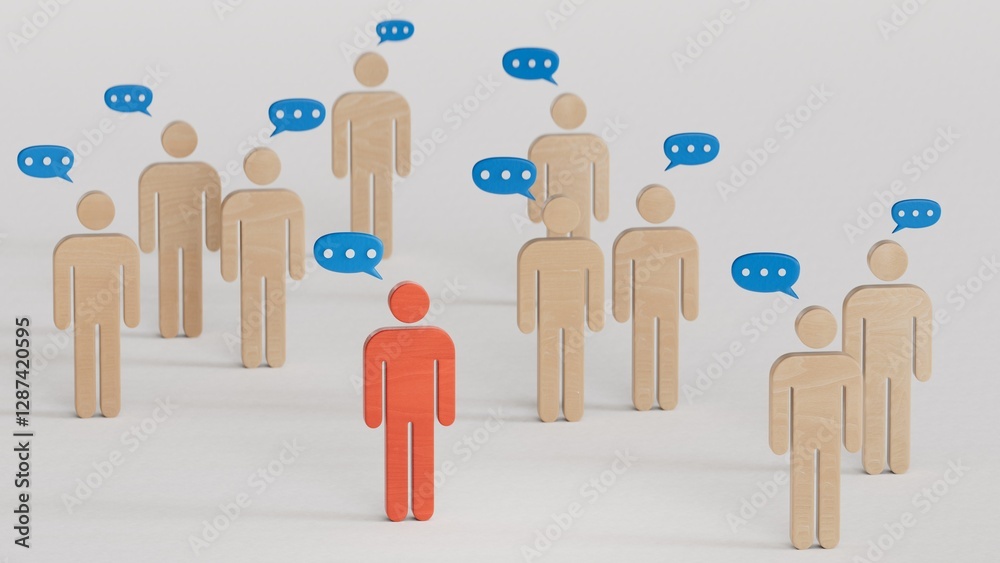 Team discussion, Community or social feedback. Communication or announcement dialog. Business meeting. Teamwork and communication concept. Many wooden figure with speech bubble.