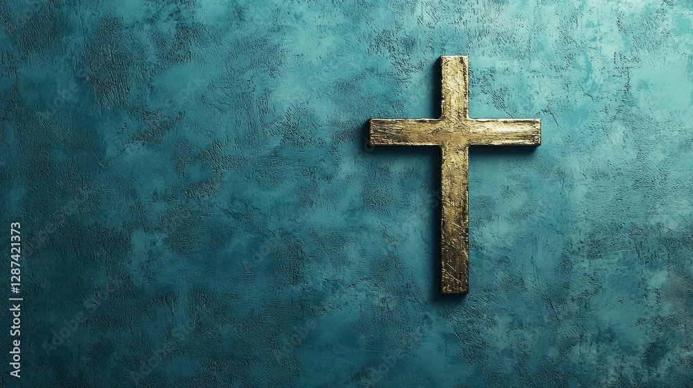Golden Cross on Teal Textured Wall A Symbol of Faith and Spirituality Christian Religious Art Golden Cross on Teal Textured Wall A Symbol of Faith and Spirituality Christian Religious Art