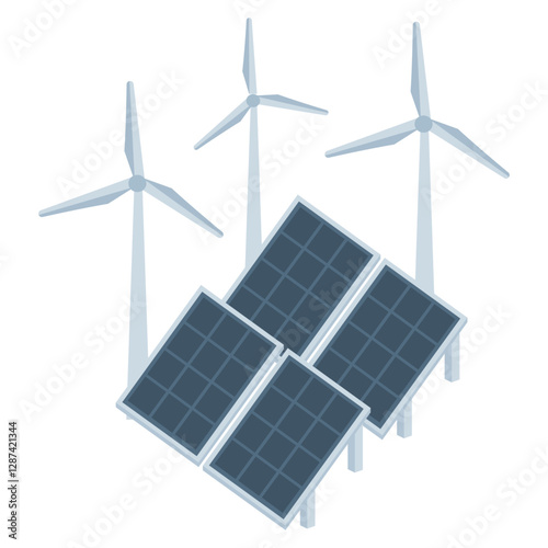 Solar power plant and windmills turbine farm. Renewable energy, green tech. Green energy, renewable energy concept