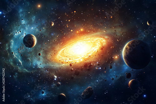 abstract Stunning high definition view of the solar system featuring the planets orbiting the sun against a bright purple background