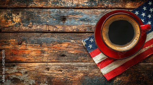 Patriotic Coffee Cup on American Flag Cloth Against Rustic Wooden Background Displaying National Pride