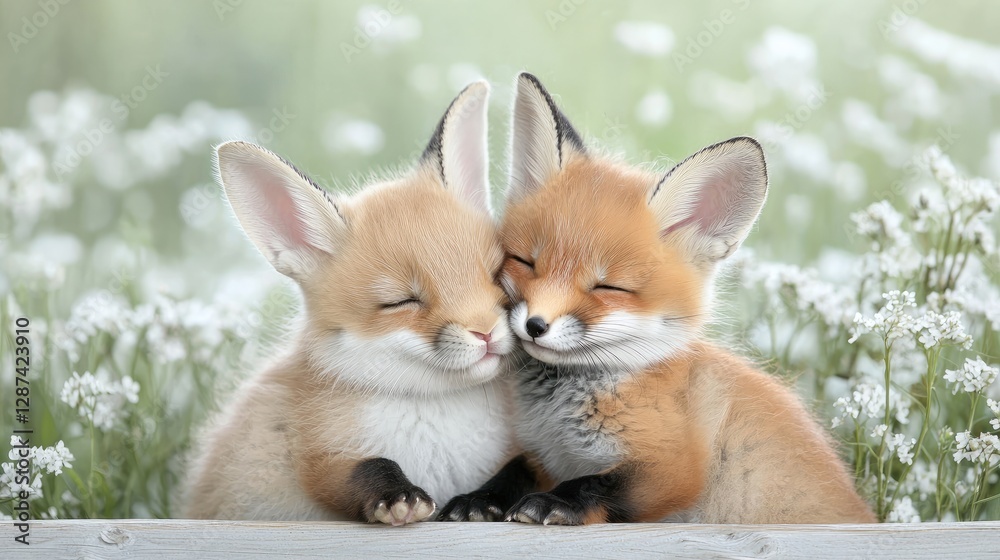 Naklejka premium Two fox kits cuddling in spring flowers