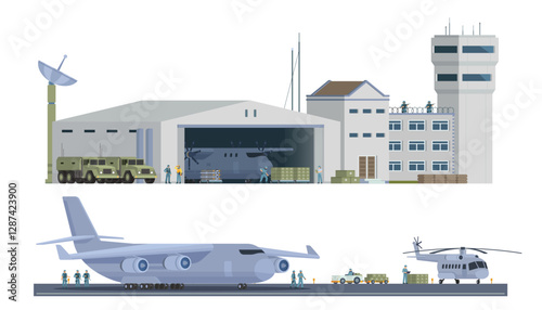 Military Airbase Vector Illustration. Aircraft, Vehicles, Staff, and Editable Modular Infographic Elements