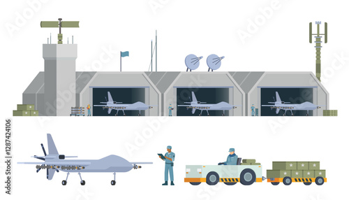 Military Airbase Vector Illustration. Aircraft, Vehicles, Staff, and Editable Modular Infographic Elements