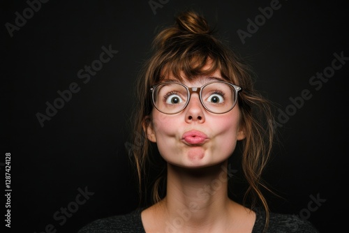 Young woman wearing glasses making a surprised or puckered expression
