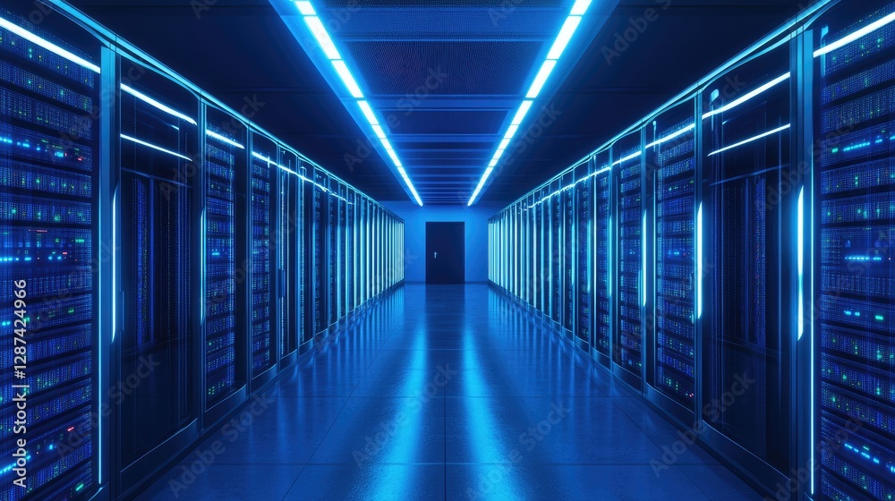 Fototapeta premium A futuristic server room with blue-lit racks and a sleek modern design, creating a high-tech environment. Ideal for cloud computing, cybersecurity, AI, and data storage concepts