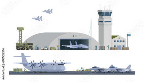 Military Airbase Vector Illustration. Aircraft, Vehicles, Staff, and Editable Modular Infographic Elements
