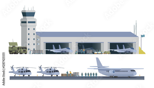 Military Airbase Vector Illustration. Aircraft, Vehicles, Staff, and Editable Modular Infographic Elements